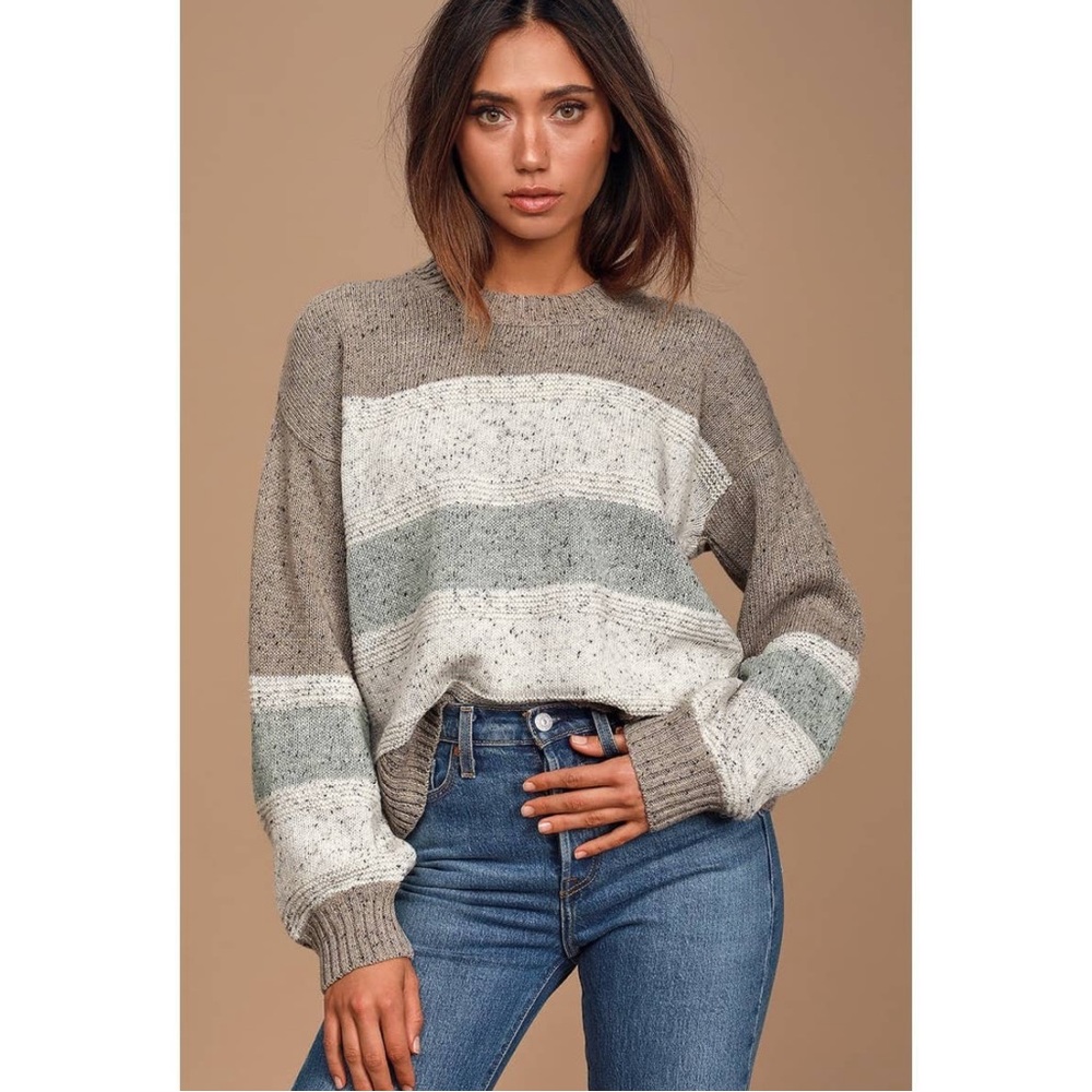 Lulus Snuggle Season Grey Multi Striped Balloon Sleeve Sweater